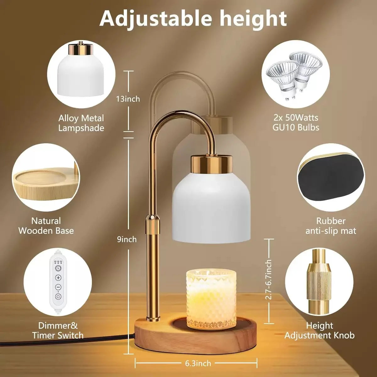 Electric Candle Warmer Lamp Timer Dimmer Adjustable Height Metal Jar Wax Melt Birthdays