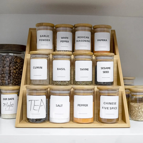 Square Spice Bottle Set Glass Jar with Bamboo Lid for Kitchen Storage Spice Container