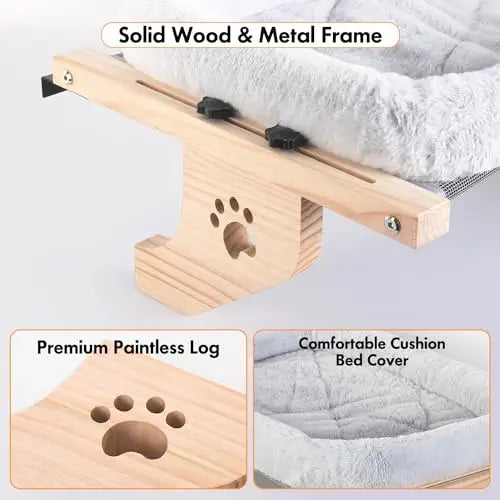 Easy to Adjust Cat Bed Wood Window Perch Sturdy Hammock Wooden House for Cats