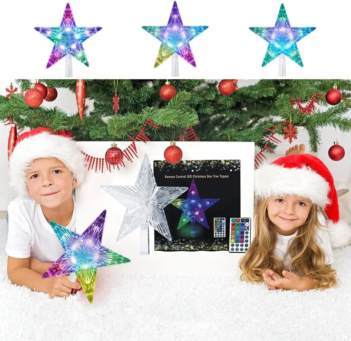 USB RGB LED Christmas Tree Topper Star with Remote & 3M Wire, Color Changing Timing Xmas