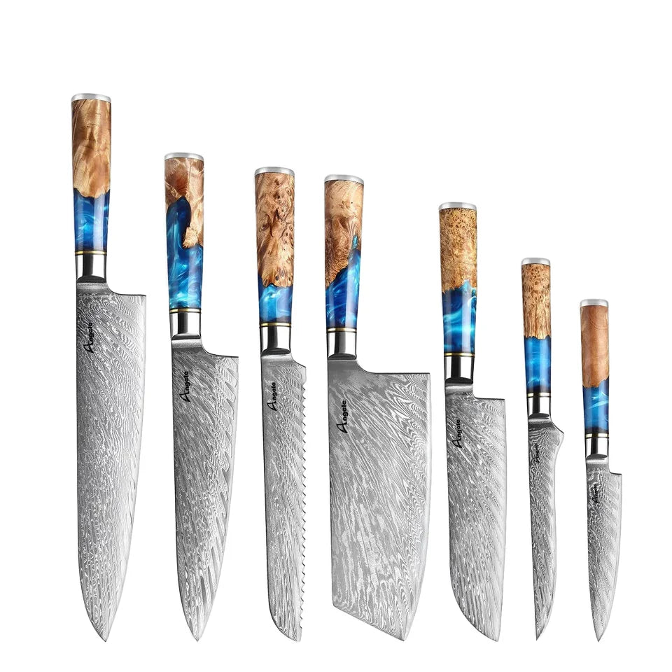 Damascus Steel VG10 Blue Resin Wood Handle 7 Piece Kitchen Chef Bread Santoku Knives