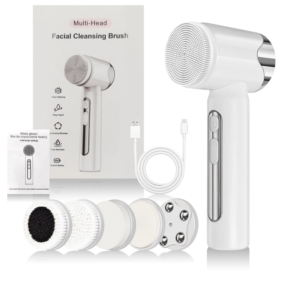 Compress Electric Rotating Silicone Facial Cleansing Brush 6 Brush Heads IPX6 Waterproof