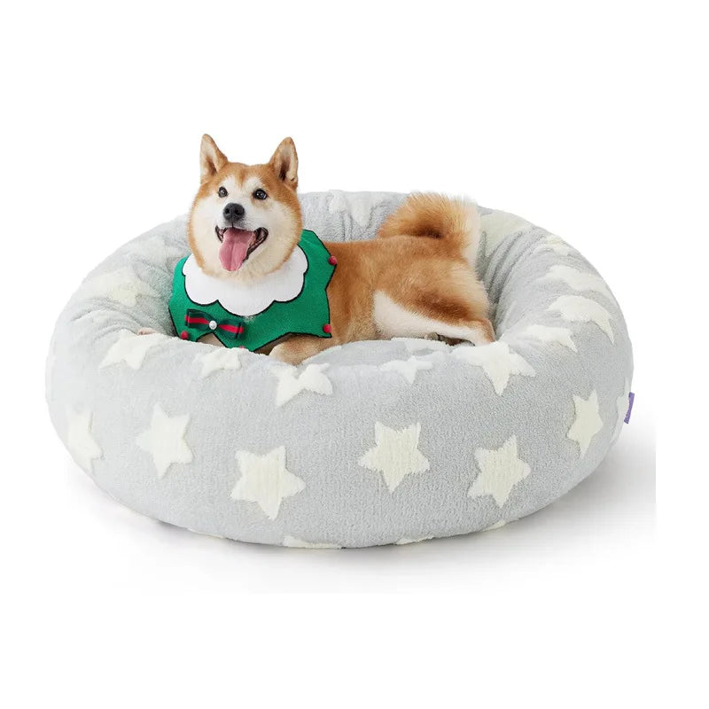 Plush Jacquard Shaggy Donut Dog Bed with Anti-Slip Base, Pink, S to XL