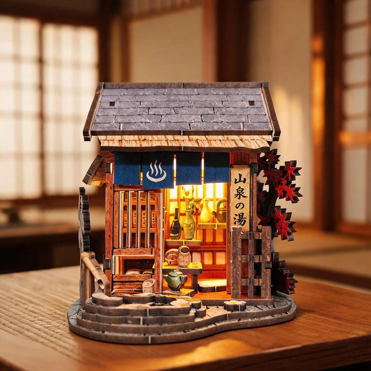 DIY Japanese Architecture Wooden Book Nook Kit 3D Puzzle Miniature House with LED Light