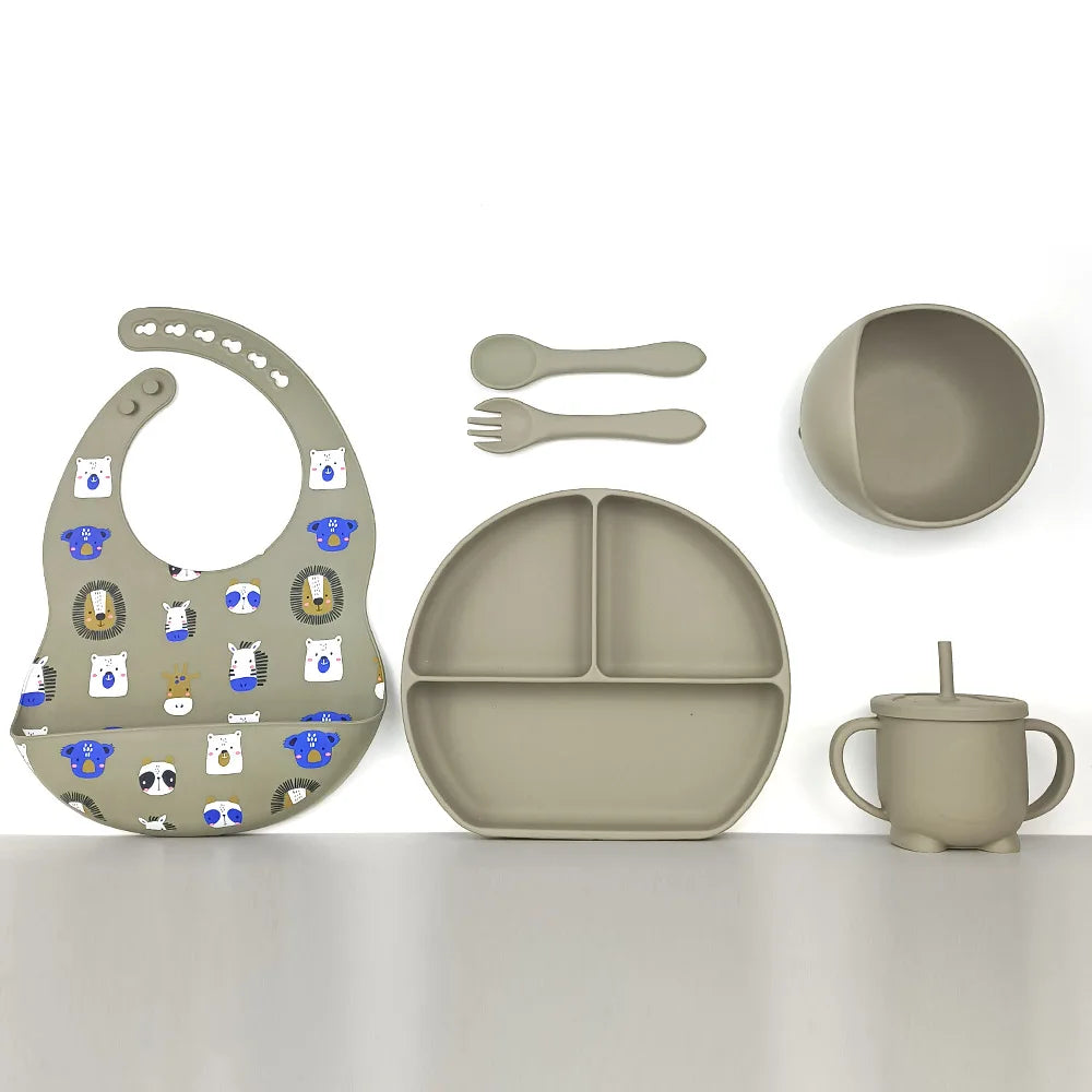 8pc Bebe Silicone Feeding Set Toddler Weaning Set Suction Bottom Infant Dining Tableware