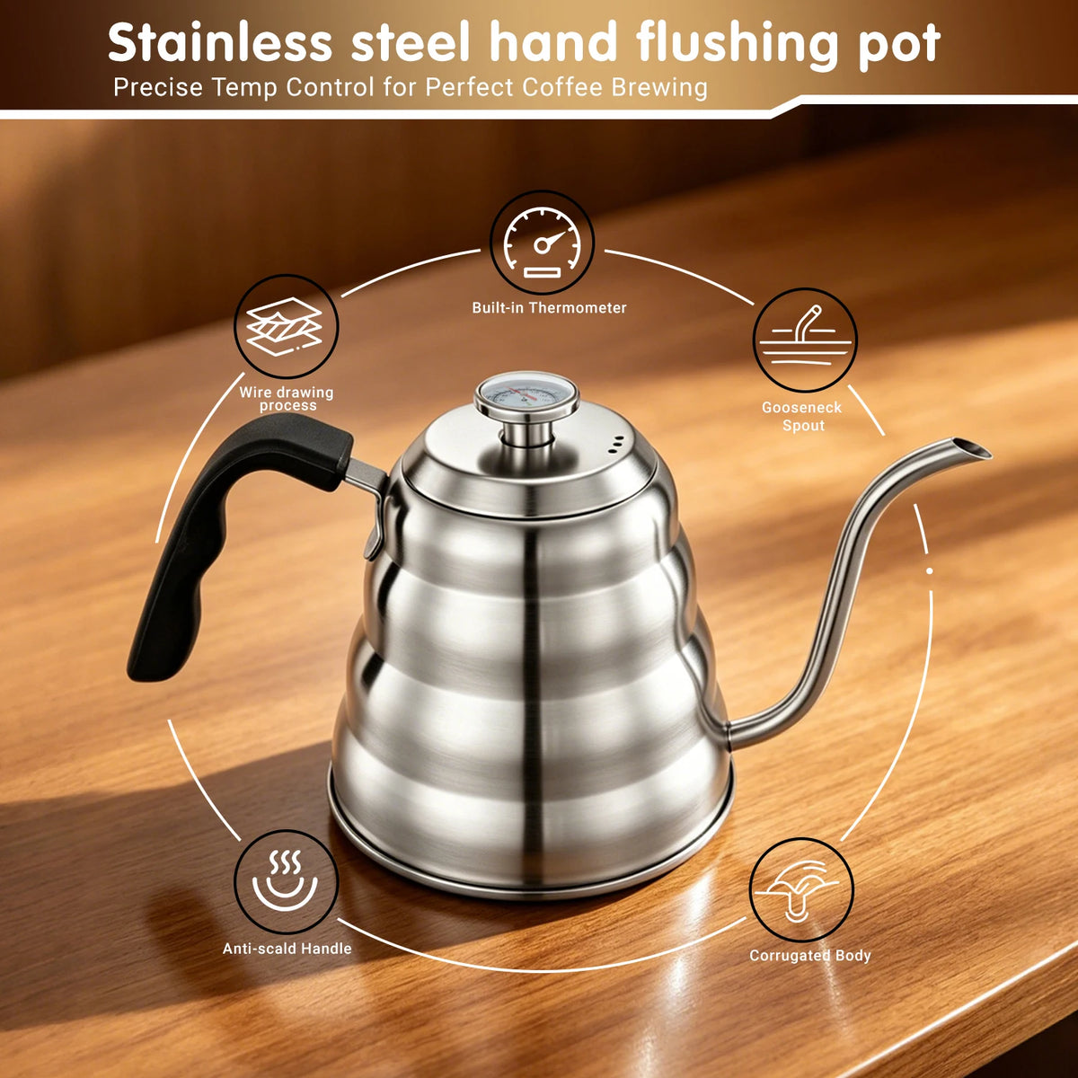 1200ml 304 Stainless Steel Gooseneck Pour Over Coffee Kettle with Built Thermometer