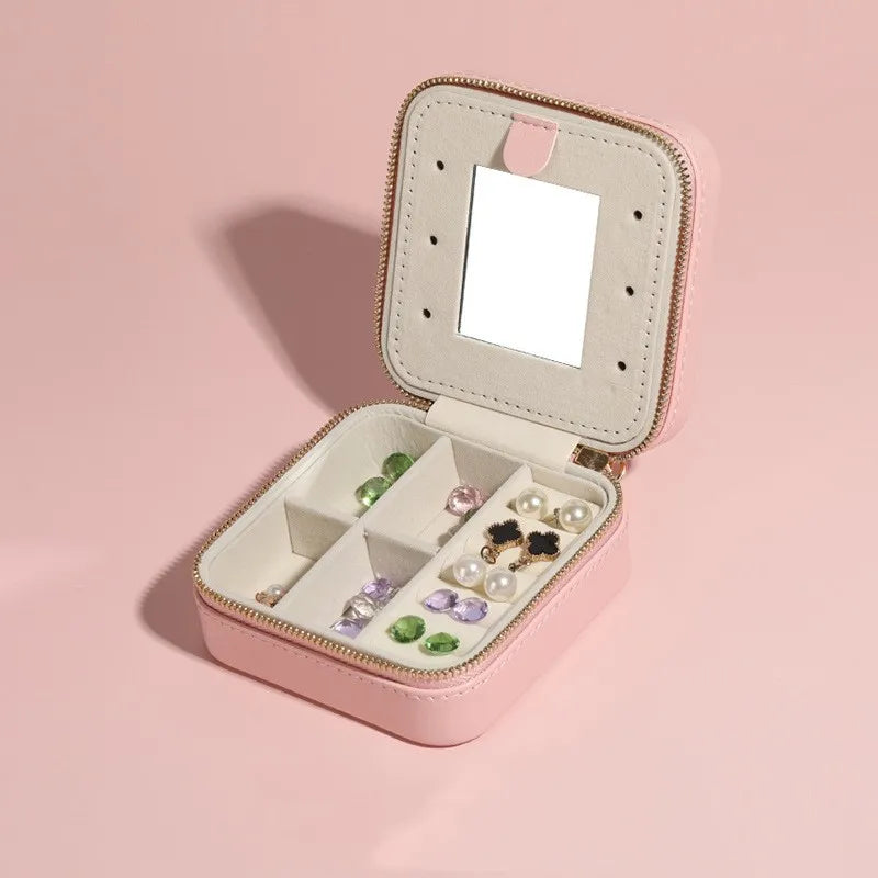 Women'S PU Leather Small Travel Jewelry Box Square Ring Organizer with Mirror