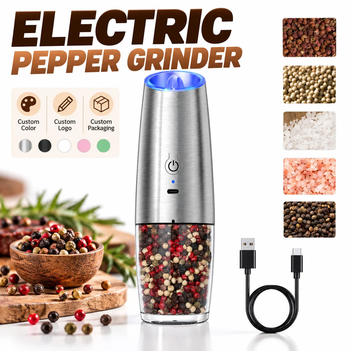 Gravity Electric Salt and Pepper Grinder Automatic Spice Mill with Adjustable Coarseness