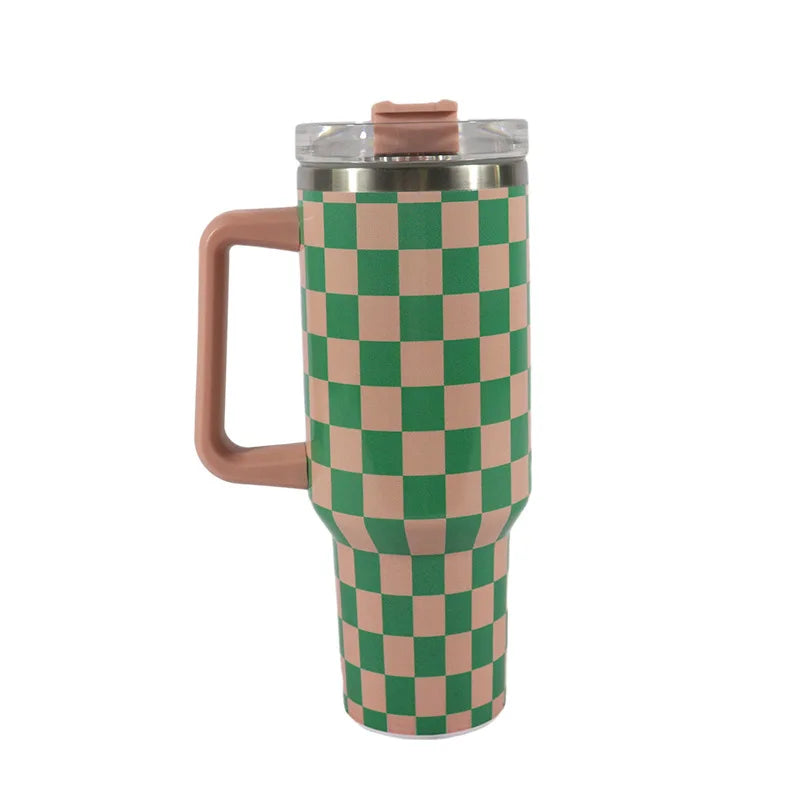 40 Oz Checkerboard Pattern Stainless Steel Tumbler Insulated Travel Coffee Mug Vacuum