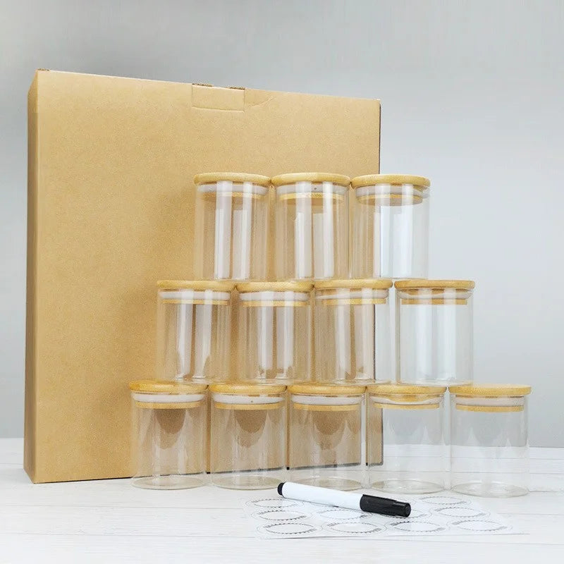 12 Pieces High Borosilicate Clear Kitchen Food Storage Jar Set with Bamboo Lid