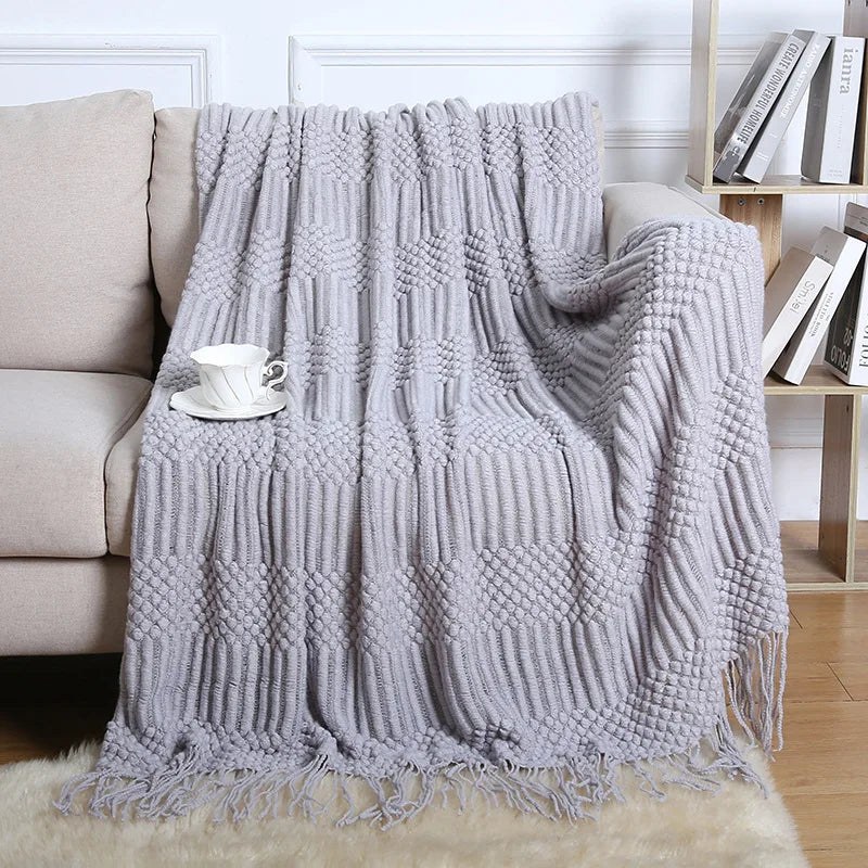 Chunky Knitted Blanket Sofa Throw Blanket With Tassels Weighted Blanket for Winter