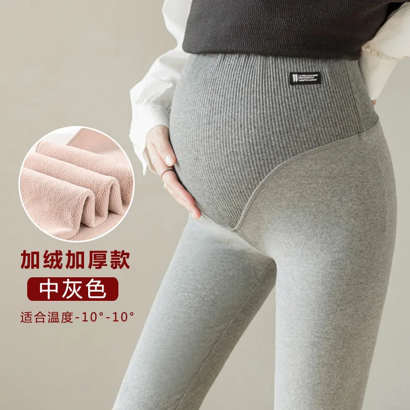 Autumn Winter Maternity Pants Fleece-Lined Breathable Thickened Outerwear Leggings Ribbed