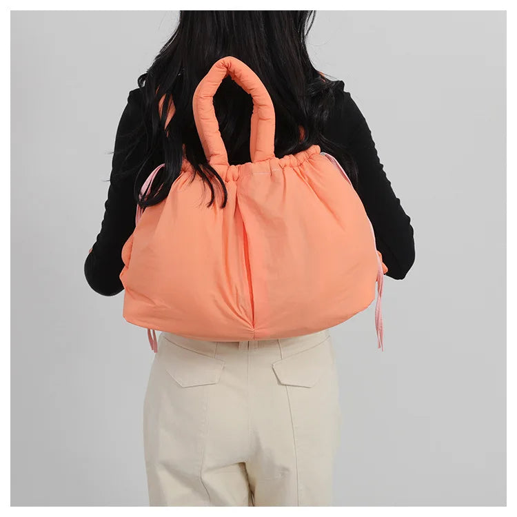 Waterproof Nylon Tote Bag Padded Handles Pillow Shape Foldable Shoulder Carry Handbag
