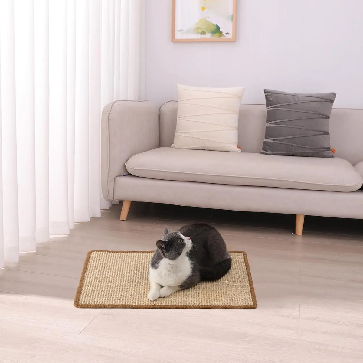 Natural Sisal Cat Scratcher Mat Horizontal Floor Scratching Pad Rug With Sticky Tapes