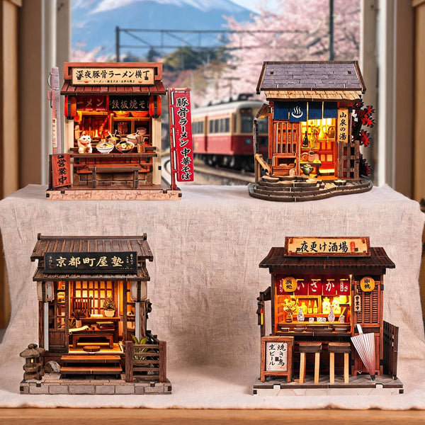 DIY Japanese Architecture Wooden Book Nook Kit 3D Puzzle Miniature House with LED Light