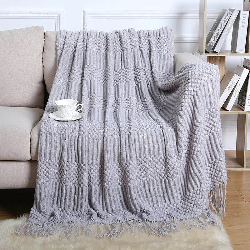 Chunky Knitted Blanket Sofa Throw Blanket With Tassels Weighted Blanket for Winter