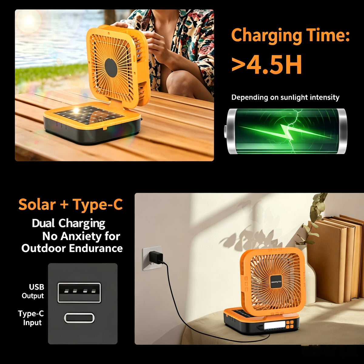 4-Speed Oscillating Camping Fan Foldable Auto Swivel Solar Fan with LED &Power Bank