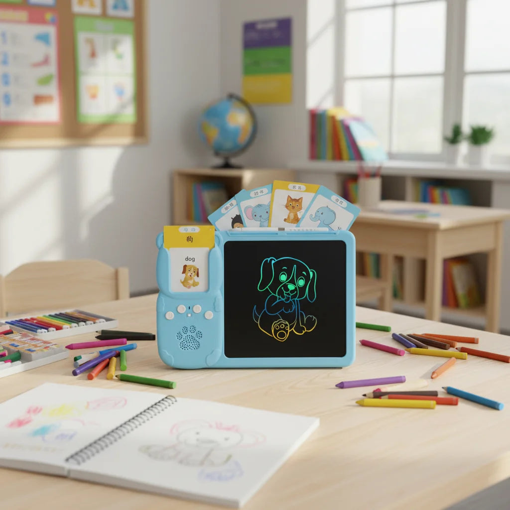 LCD Writing Tablet+Flash Card Talking 112 Cards Toddler Drawing Board Machine Early