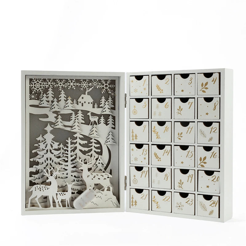 LED Light Wooden Advent Calendar 24 Days Countdown Christmas Decoration Reindeer Scene