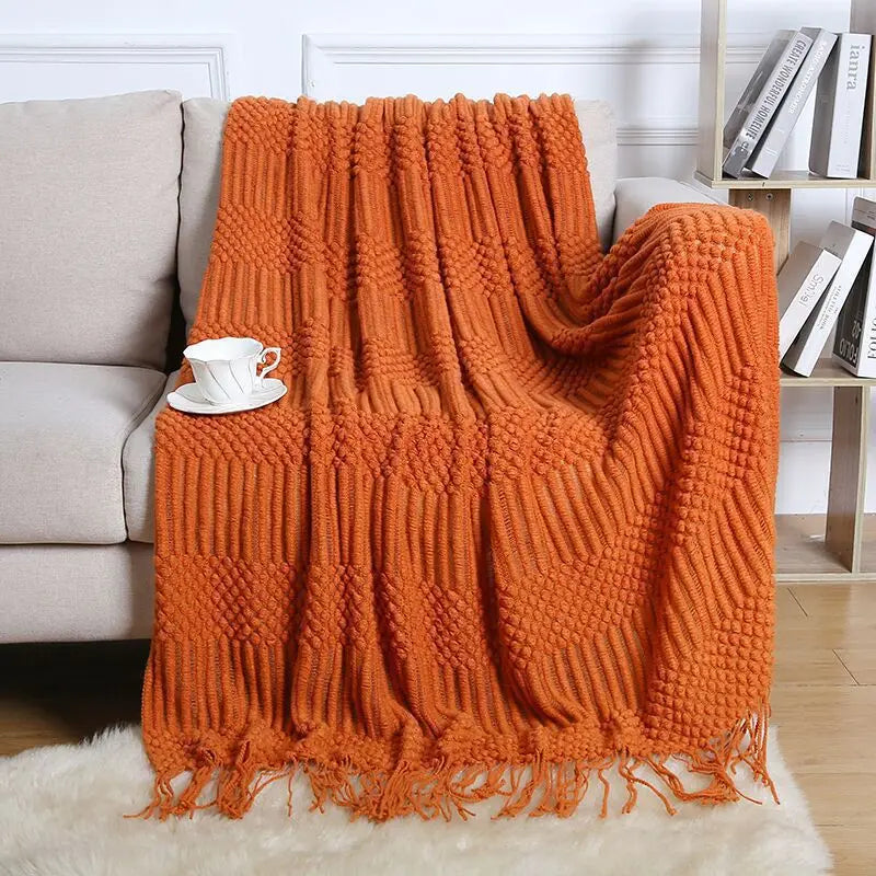 Chunky Knitted Blanket Sofa Throw Blanket With Tassels Weighted Blanket for Winter