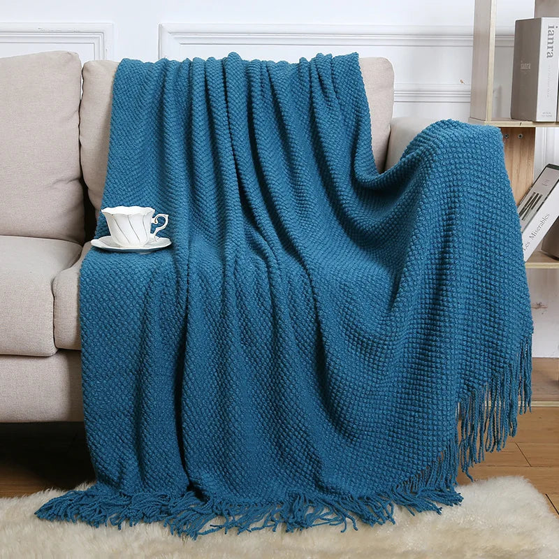 Chunky Knitted Blanket Sofa Throw Blanket With Tassels Weighted Blanket for Winter