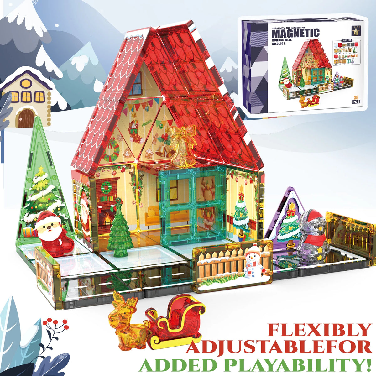 55pcs 3D Christmas Magnetic Building Blocks Educational Safety Tiles for Kids Colorful