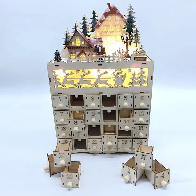 Creative Wooden Christmas Advent Calendar with 24 Opening Drawers and Led Light Family
