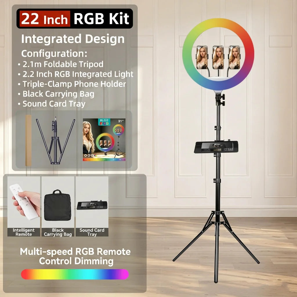 Three-Color Ring Fill Light Lamp 18 Inch 22 Inch Ring Lights with Tripod Stand and Phone