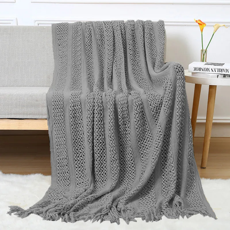 Chunky Knitted Blanket Sofa Throw Blanket With Tassels Weighted Blanket for Winter