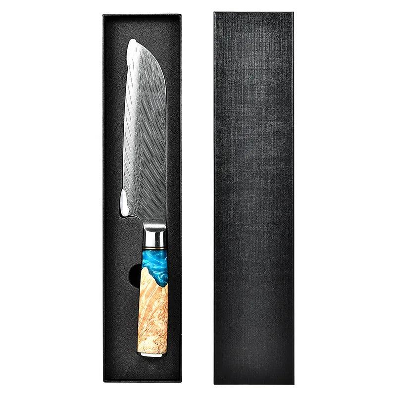 Damascus Steel VG10 Blue Resin Wood Handle 7 Piece Kitchen Chef Bread Santoku Knives