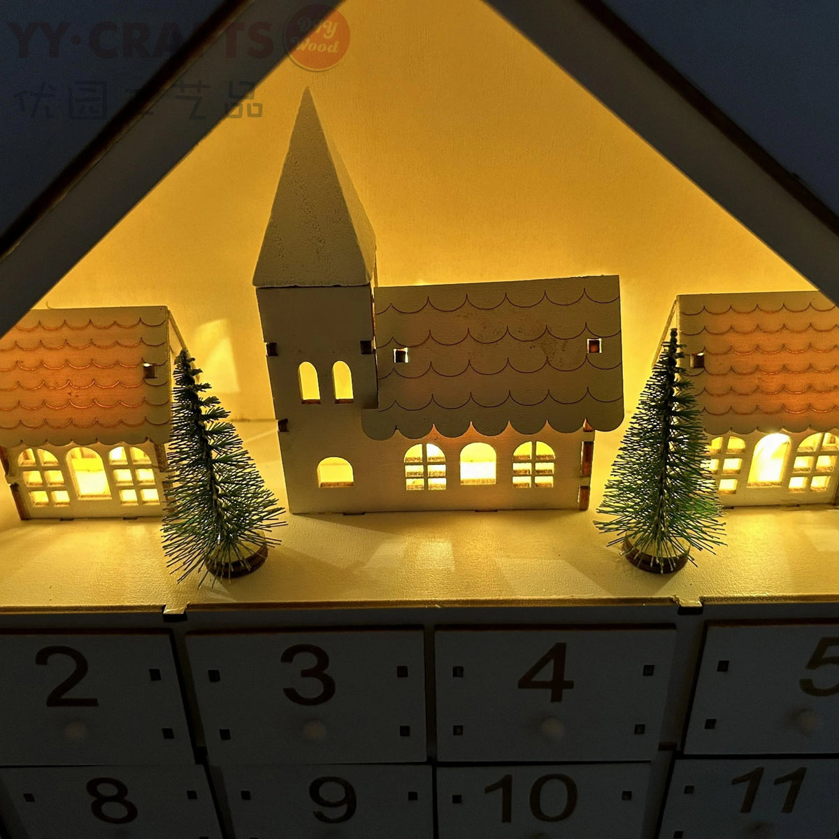 24 Day House Shaped Wooden Advent Calendar with 24 Drawer Box, Christmas Tree and LED