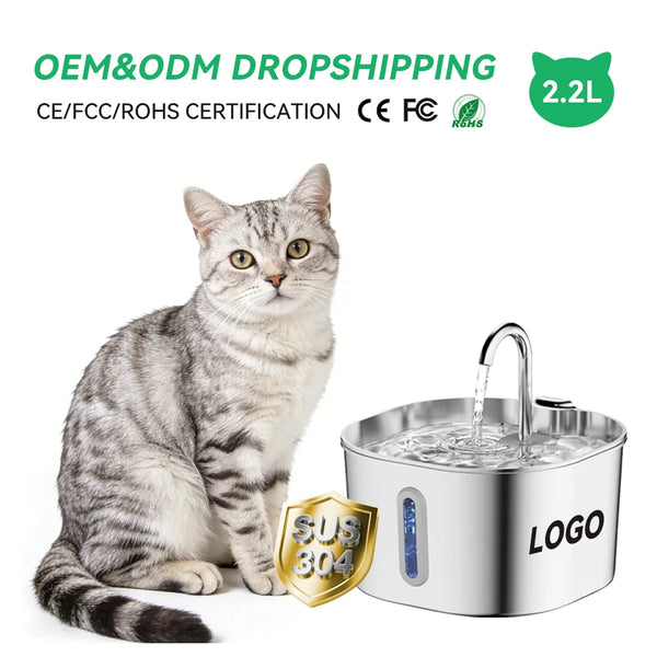 304 Stainless Steel Cat Water Fountain 2.2L AC Powered Automatic Pet Drinking Fountain
