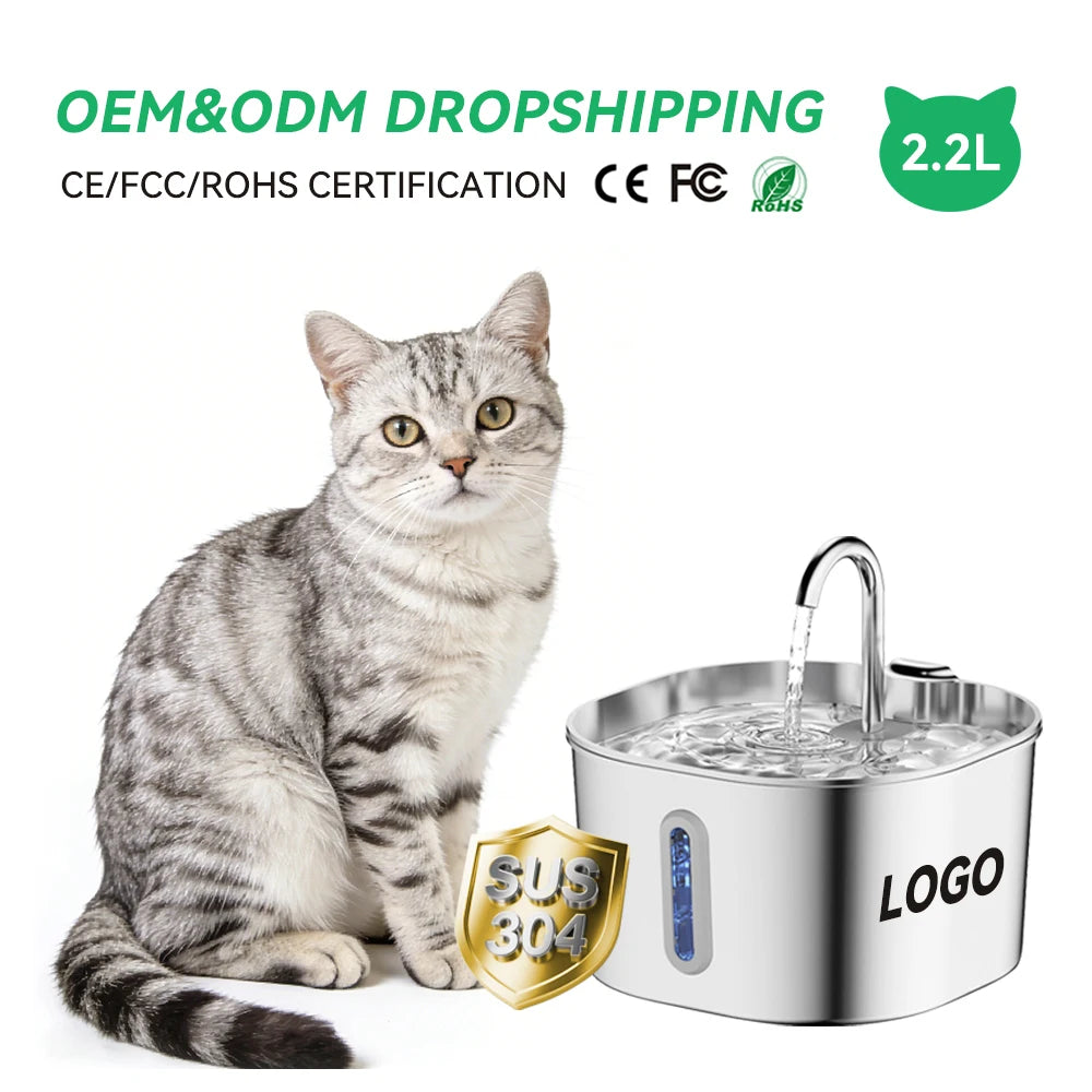 304 Stainless Steel Cat Water Fountain 2.2L AC Powered Automatic Pet Drinking Fountain