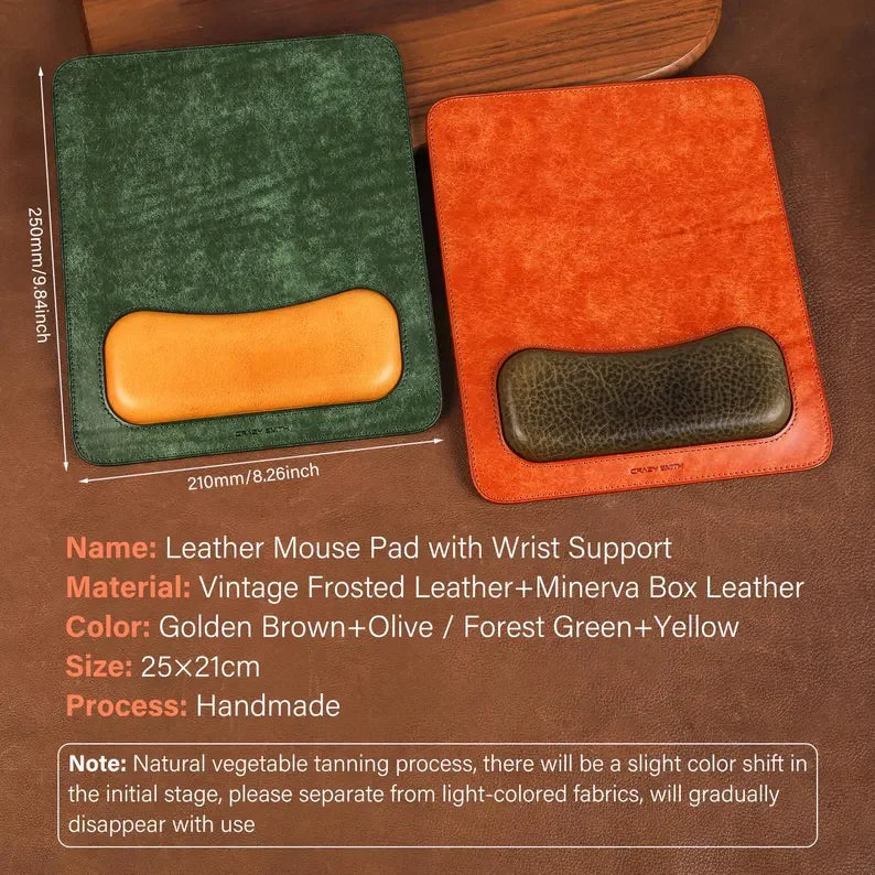 Vintage Frosted Leather Mouse Pad with Minerva Box Leather Wrist Rest, Ergonomic Desk Mat