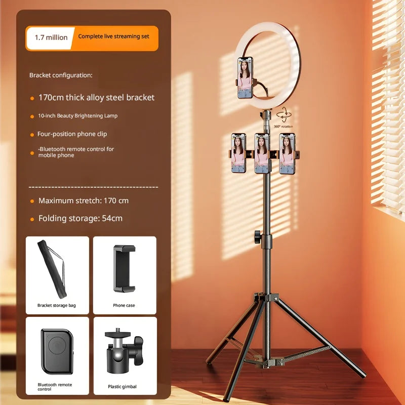 Portable Foldable Ring Light Stand with Phone Holder, Dimmable Live Stream Tripod