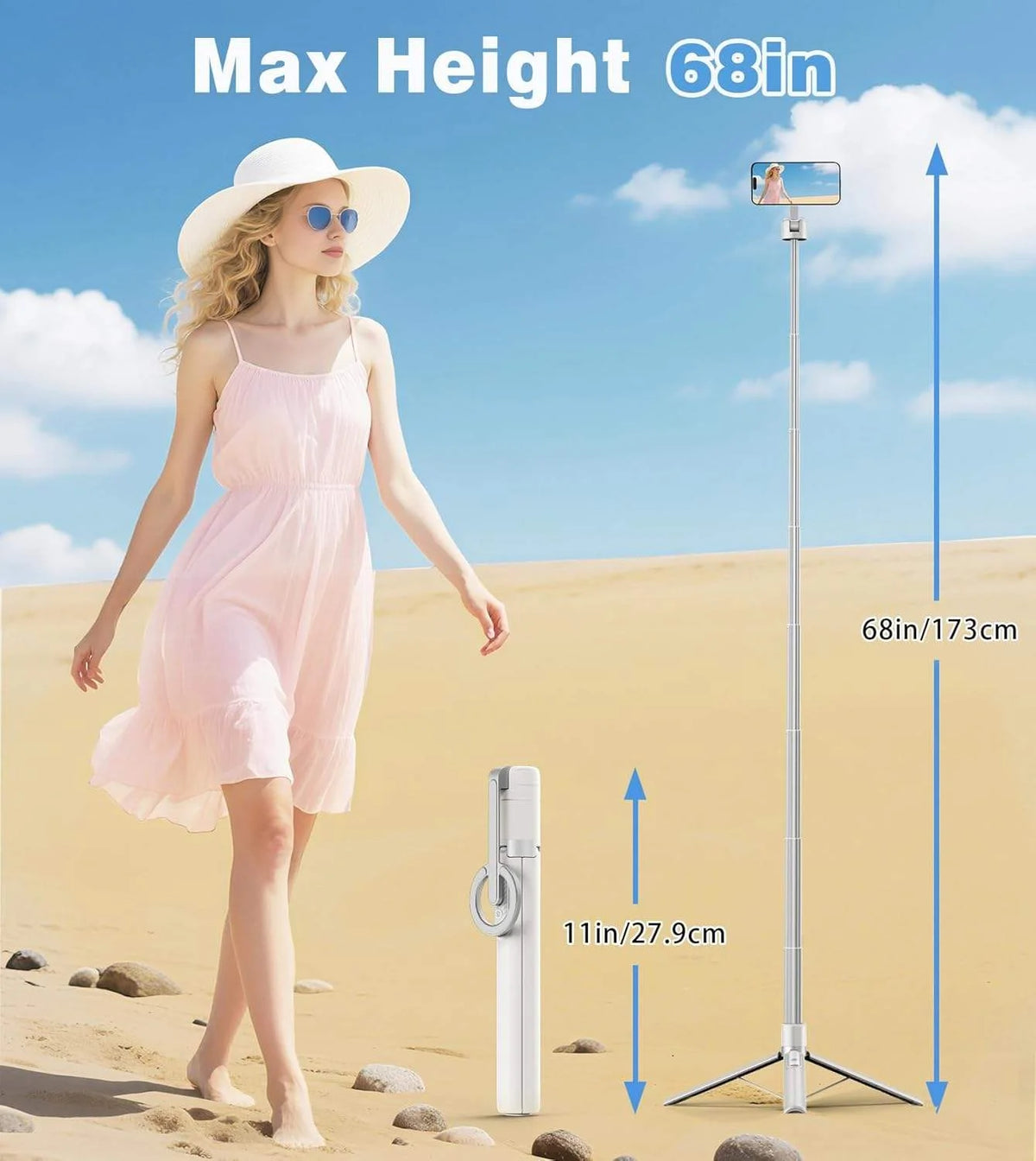 Magnetic Selfie Stick Tripod with Aluminum Phone Mount for Travel, White