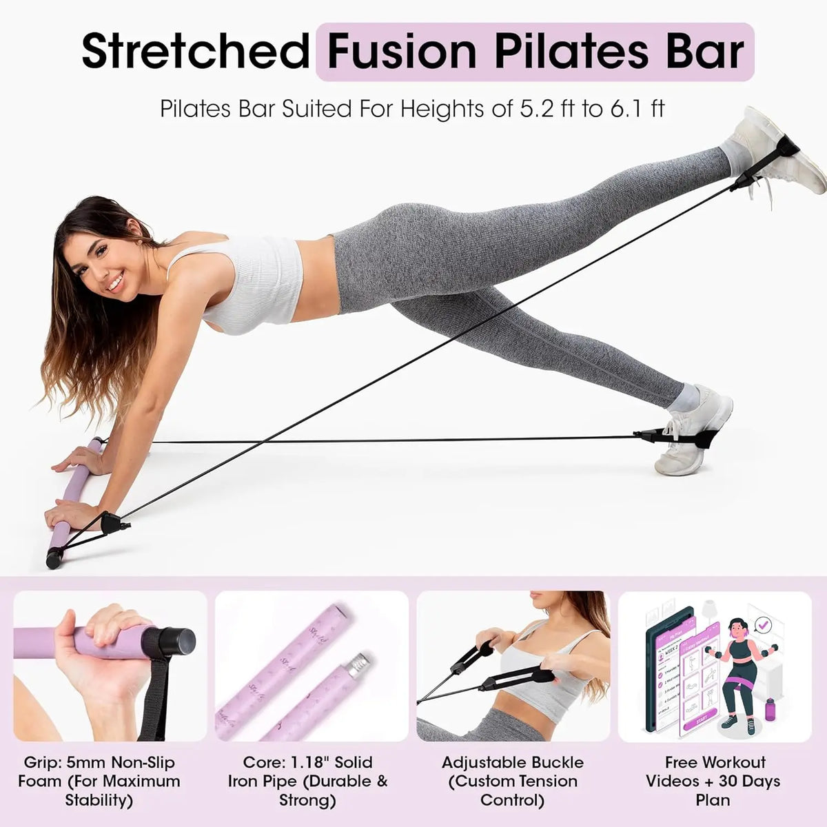 Portable Home Workout Pilates Bar Kit Includes Bar for Legs Waist Arm with 30-Day