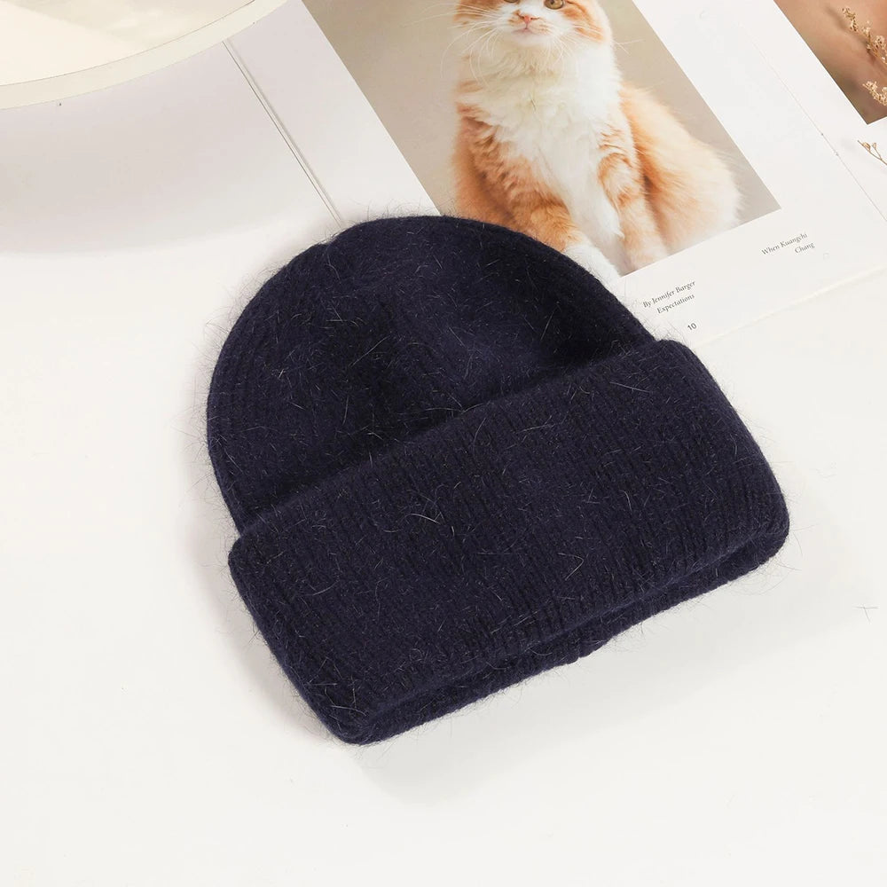 Knit Beanie Hat Real Angora Rabbit Fur Slouchy Skull Cap Winter Warm Stocking Hats
