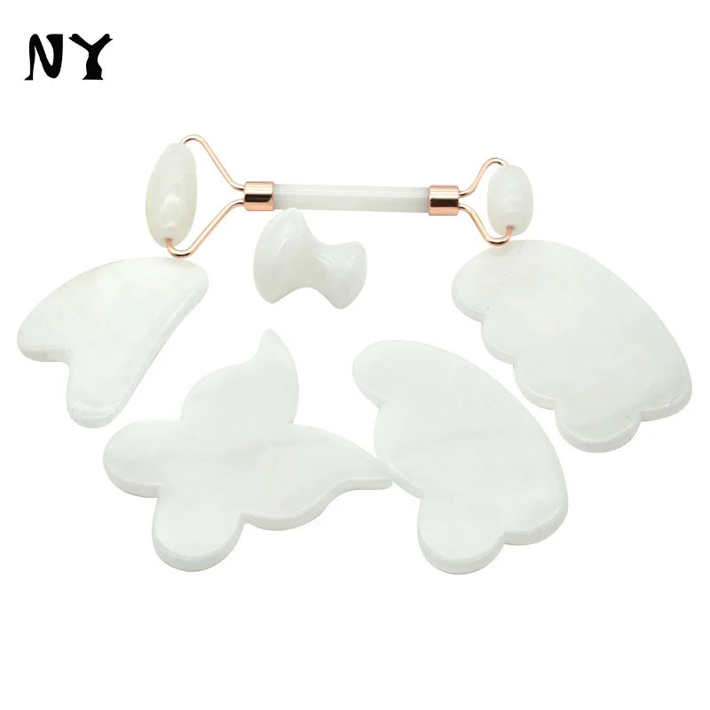 Natural ClassA+ White Jade Roller and Guasha Set for Skin Tighten and Massage