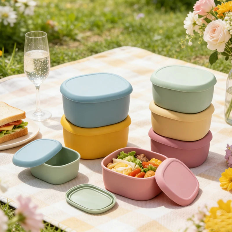 Silicone Rectangular Lunch Bento Box with Freezer and Microwave Safe Lid Heatable Food