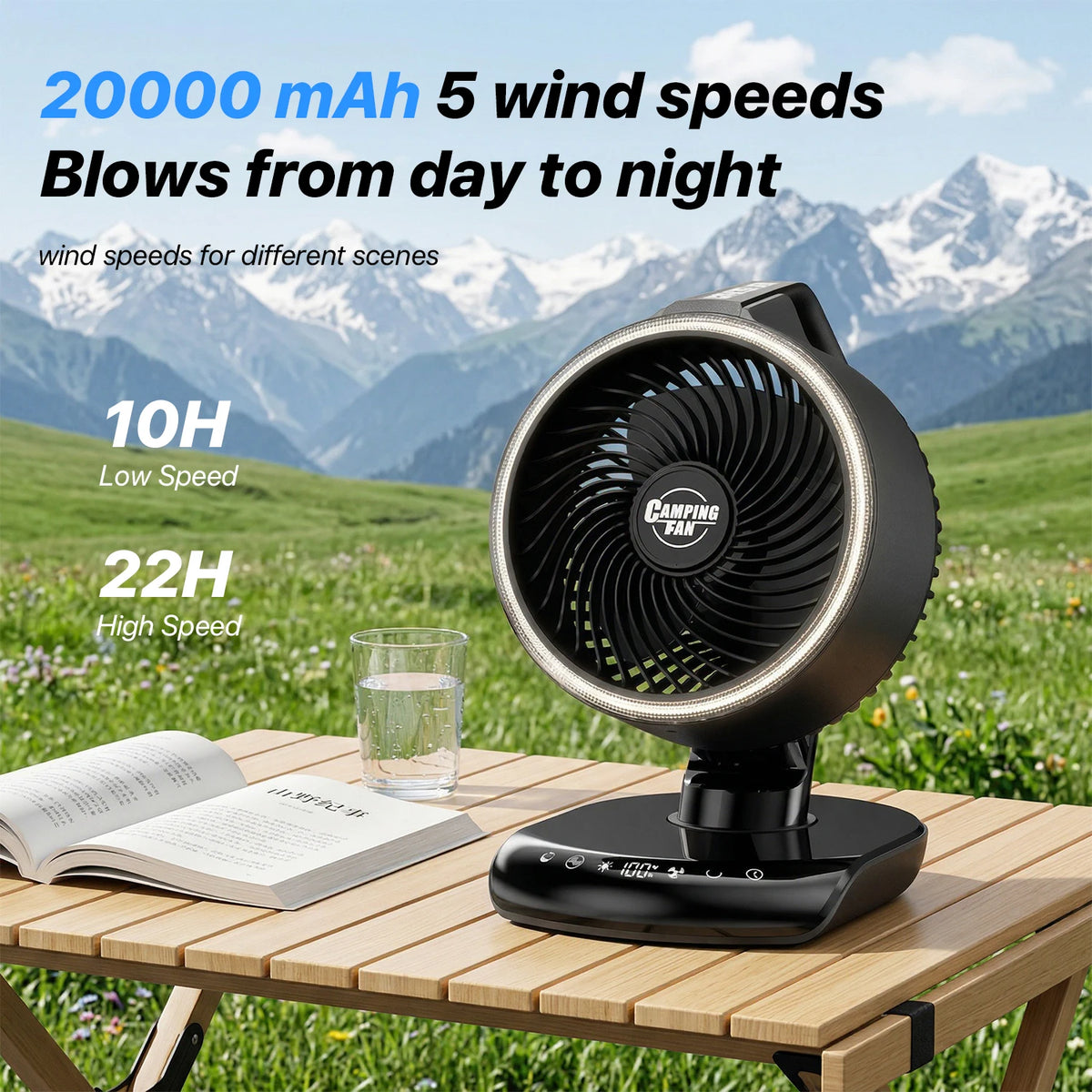 20000mAh Battery Operated Camping Fan with Light 5 Speed Auto Oscillating Remote Control