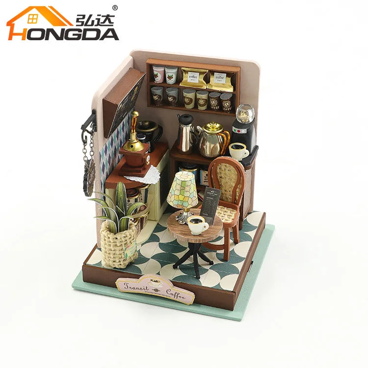 Coffee Shop Miniature Dollhouse Kit, DIY Wooden Mini House