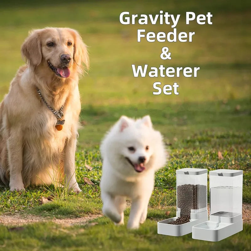 Automatic Dog Cat Feeder and Water Dispenser Set Gravity Pet Feeders Waterer Fountain