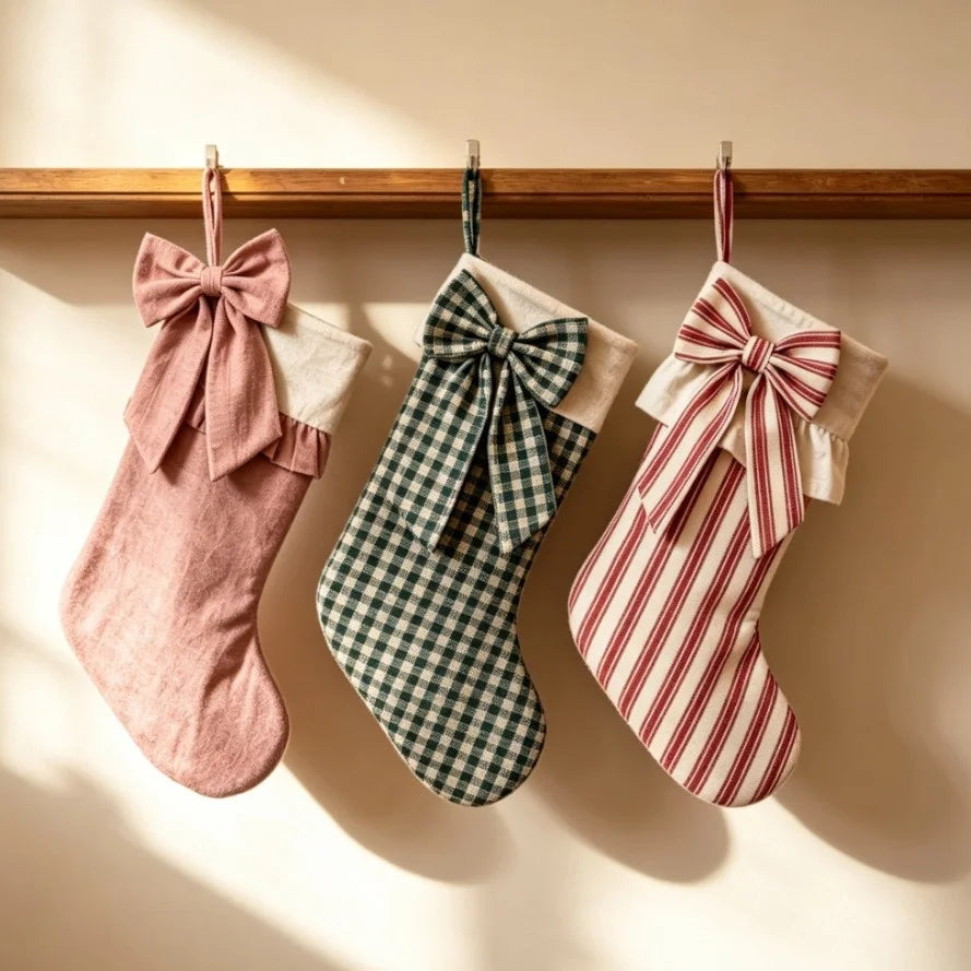 Retro Bow-Knot Christmas Stocking Three-Piece Set Fabric Plaid Stripe Gift Bag Fireplace