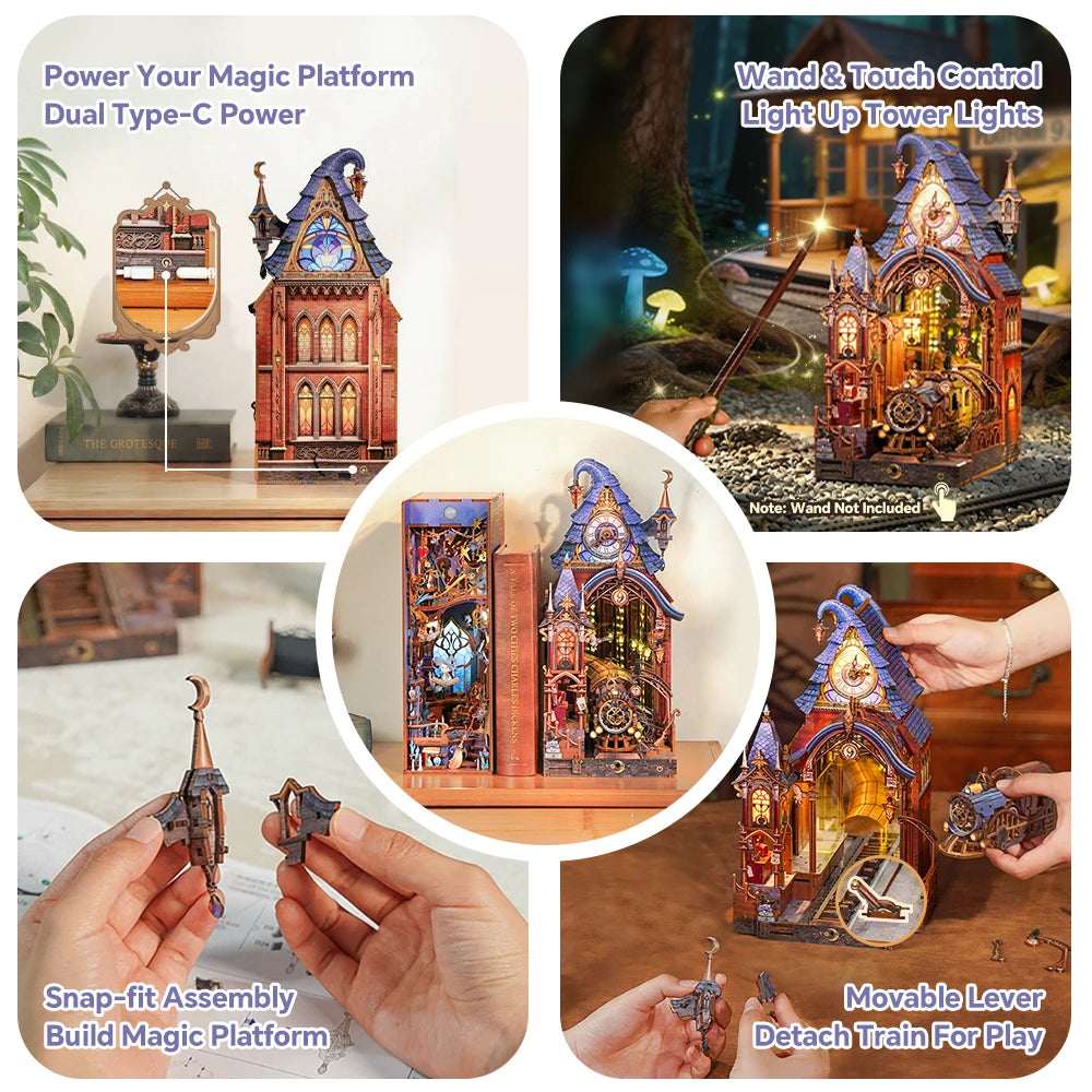 Tonecheer 3D Wooden Puzzle LED Magic Platform Detachable Train DIY Book Nook Kit
