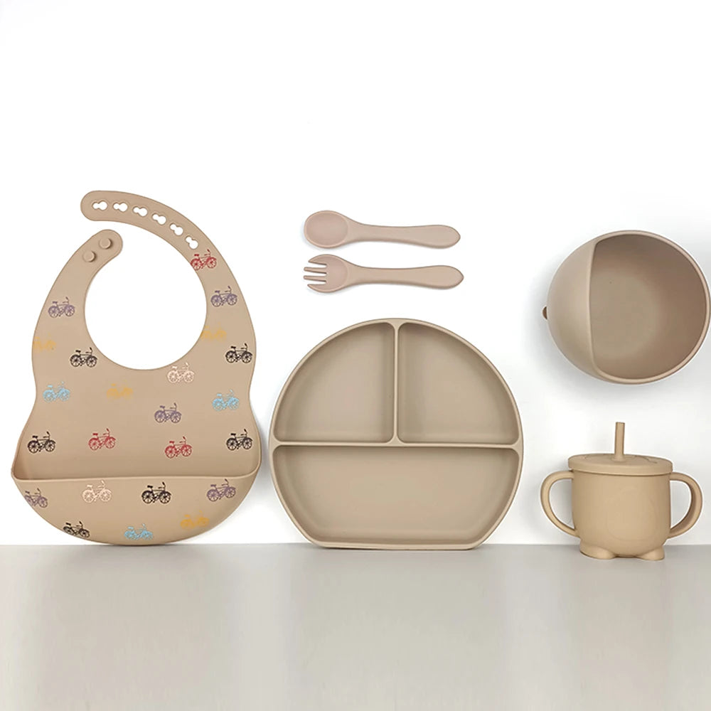 8pc Bebe Silicone Feeding Set Toddler Weaning Set Suction Bottom Infant Dining Tableware