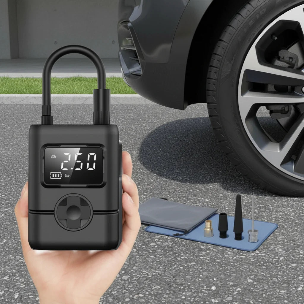 Portable Digital Tire Inflator 12V Single Cylinder Black Plastic Compact Car Motorcycle