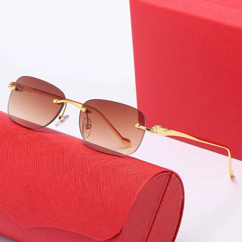 Leopard Head Frameless Sunglasses Luxury Oval Gold Frame Trendy Fashion UV400 Protection