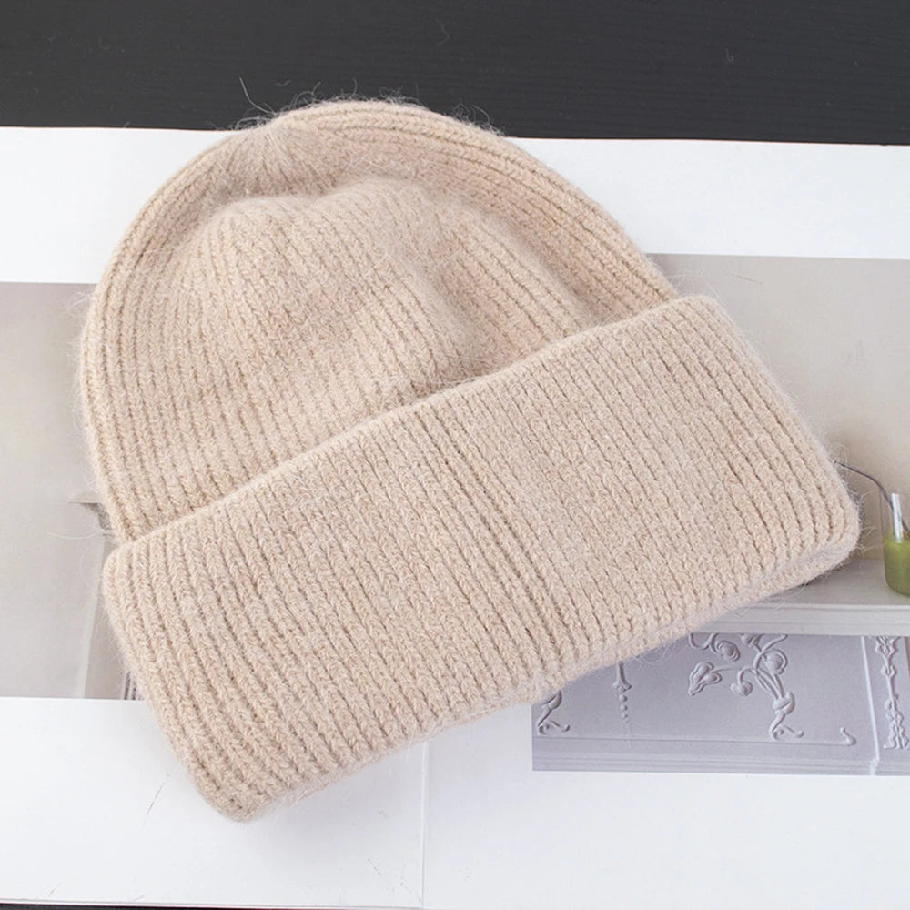 Knit Beanie Hat Real Angora Rabbit Fur Slouchy Skull Cap Winter Warm Stocking Hats
