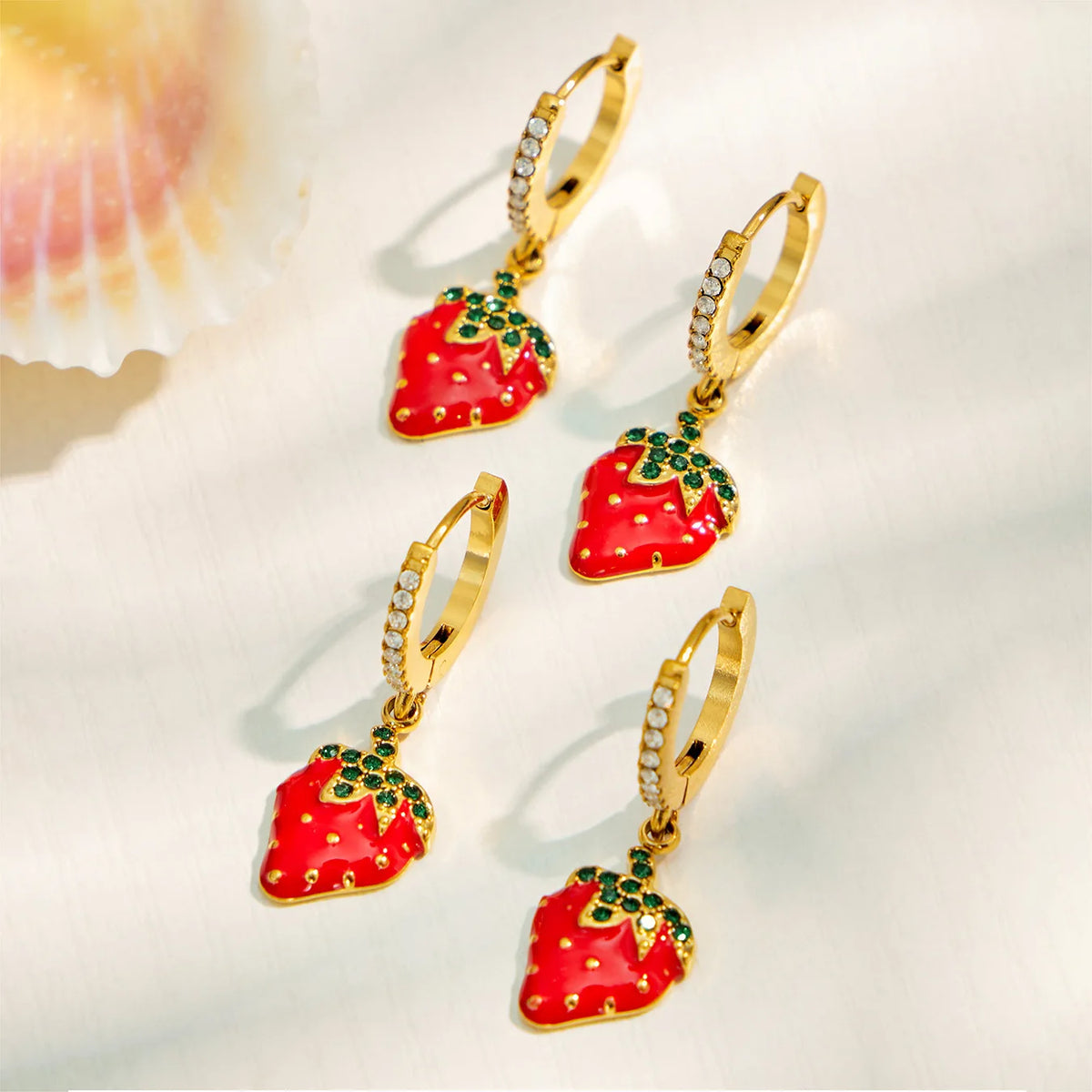 Playful Strawberry Enamel Huggie Earrings 316 Stainless Steel PVD 18K Gold Plated Non